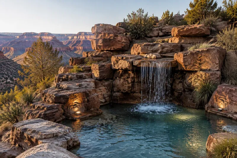 Künstliche Felslandschaft mit Wasserfall vor einer Canyon-Kulisse