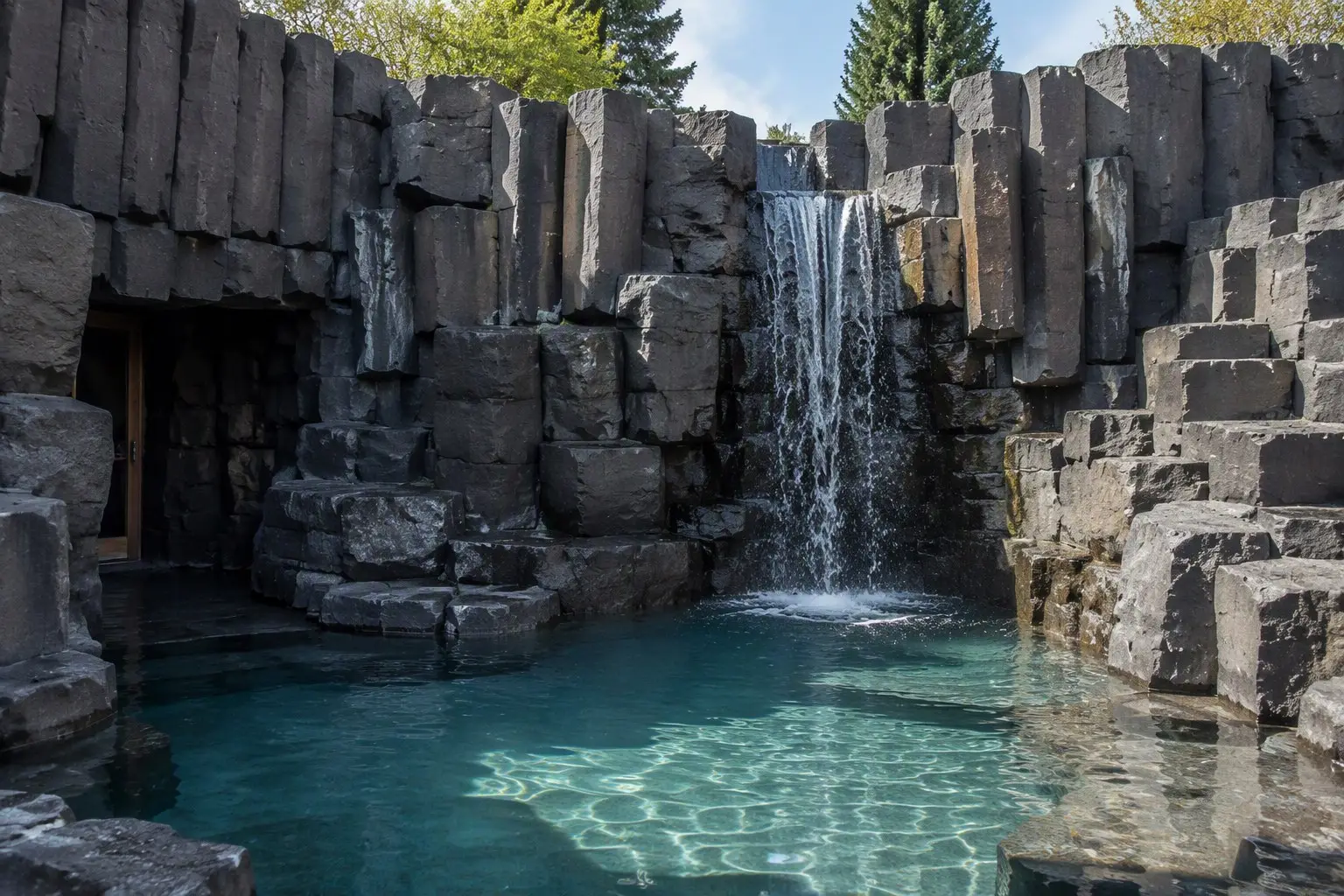 Künstlicher Wasserfall über dunklen Basaltfelsen in einen türkisfarbenen Pool